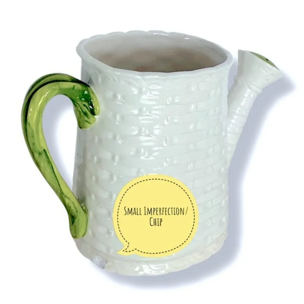 Vintage Basket Weave Ceramic Watering Can Planter Numbered Multi Use White Green
